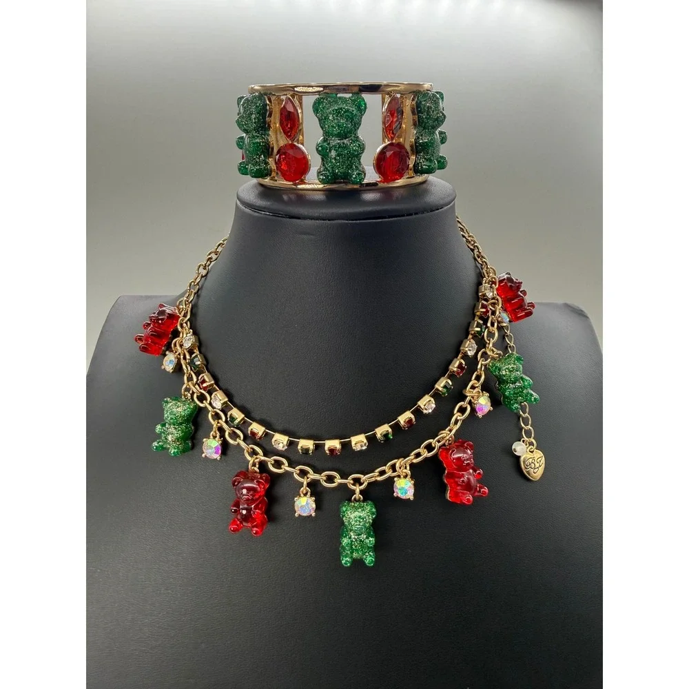 Betsey Johnson Gummy Bear Necklace and Cuff Bracelet Set Red Green Gold Vintage